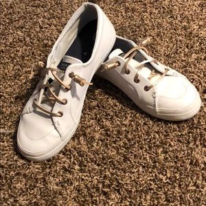 White Sperrys with gold laces